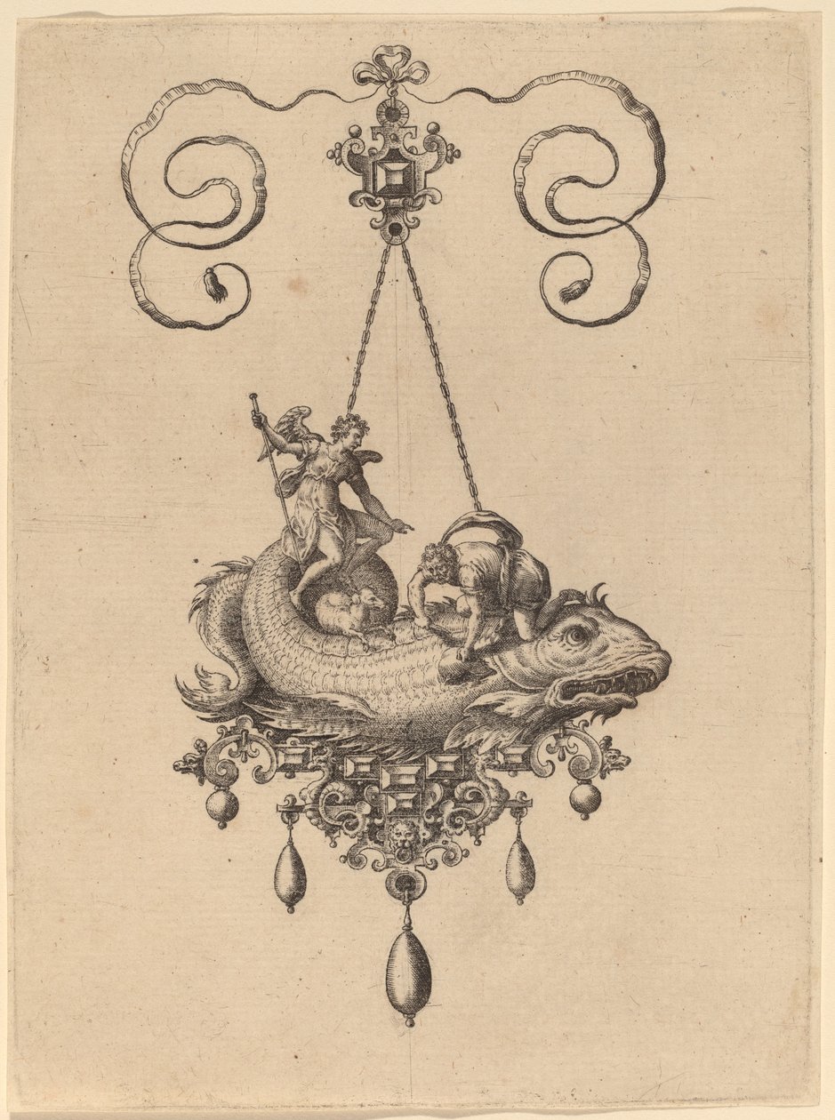 Diseño para un colgante con un pez que lleva a Tobías y el ángel de Hans Collaert the Elder