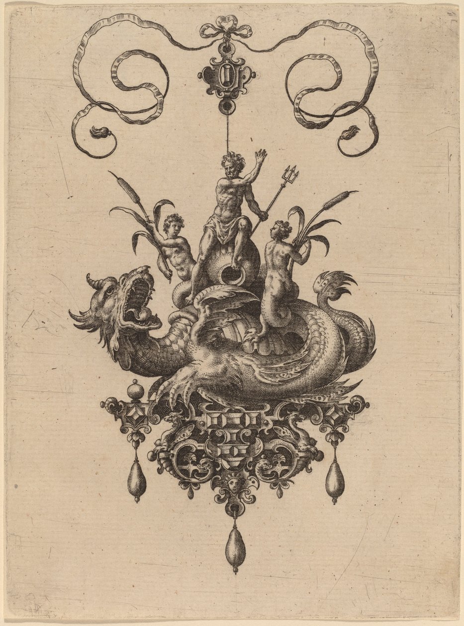 Diseño para un colgante con un monstruo marino llevando a Neptuno flanqueado por dos nereidas de Hans Collaert the Elder