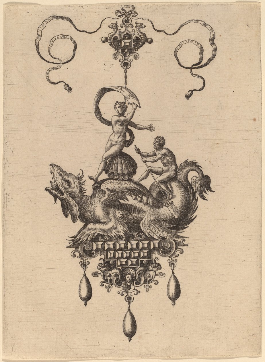 Diseño para un Colgante con un Monstruo Marino Alado que Lleva a Venus Anadyomene en una Concha y un Hombre con un Remo de Hans Collaert the Elder