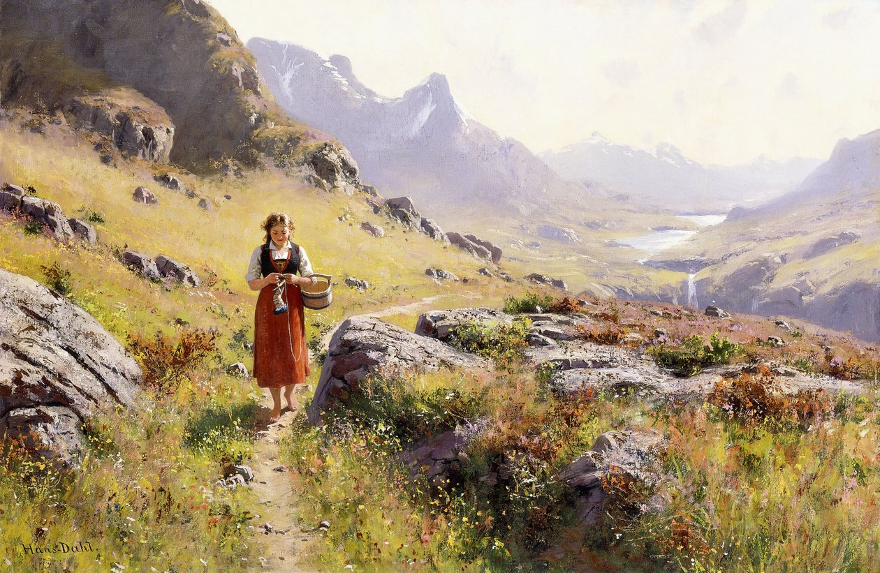 Tejiendo en un paisaje noruego de Hans Dahl