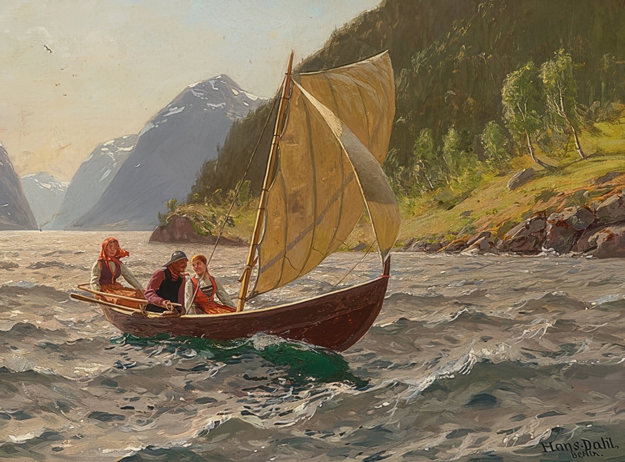 Paseo en velero en paisaje de fiordos noruegos de Hans Dahl
