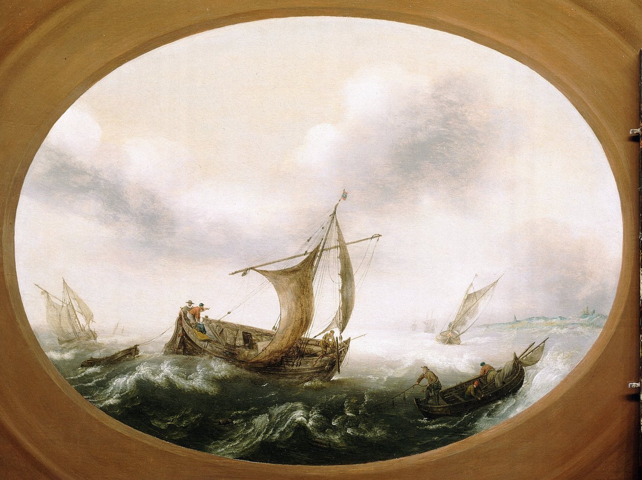 Barcos de pesca holandeses atrapados en una gran brisa, un barco más pequeño, velas abajo, a la derecha, con los pescadores tirando de las redes de Hans Goderis