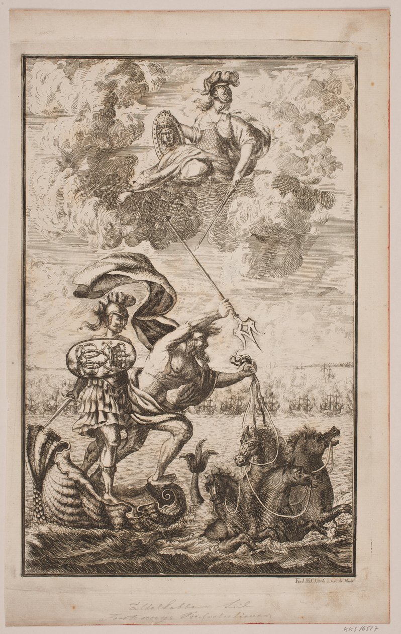 Neptuno cruzando el mar. Portada para Fontenay, "Søe-Evolution"; Copenhague 1743 de Hans Henrich Christian Ulrich