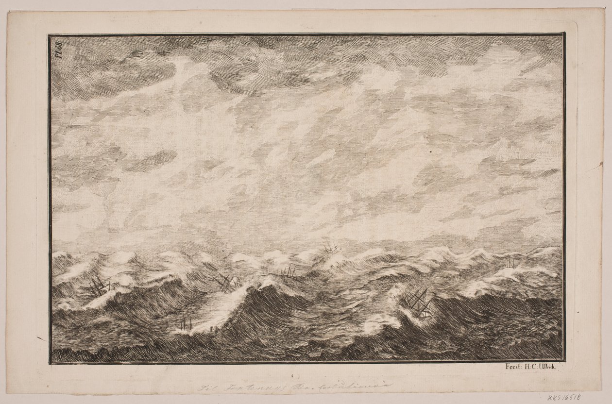 Barcos en mar agitado. Ilustración para Fontenay, "Evolución del Mar"; Copenhague 1743 de Hans Henrich Christian Ulrich