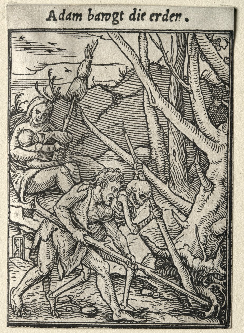 Danza de la muerte: Adán labrando la tierra de Hans Holbein