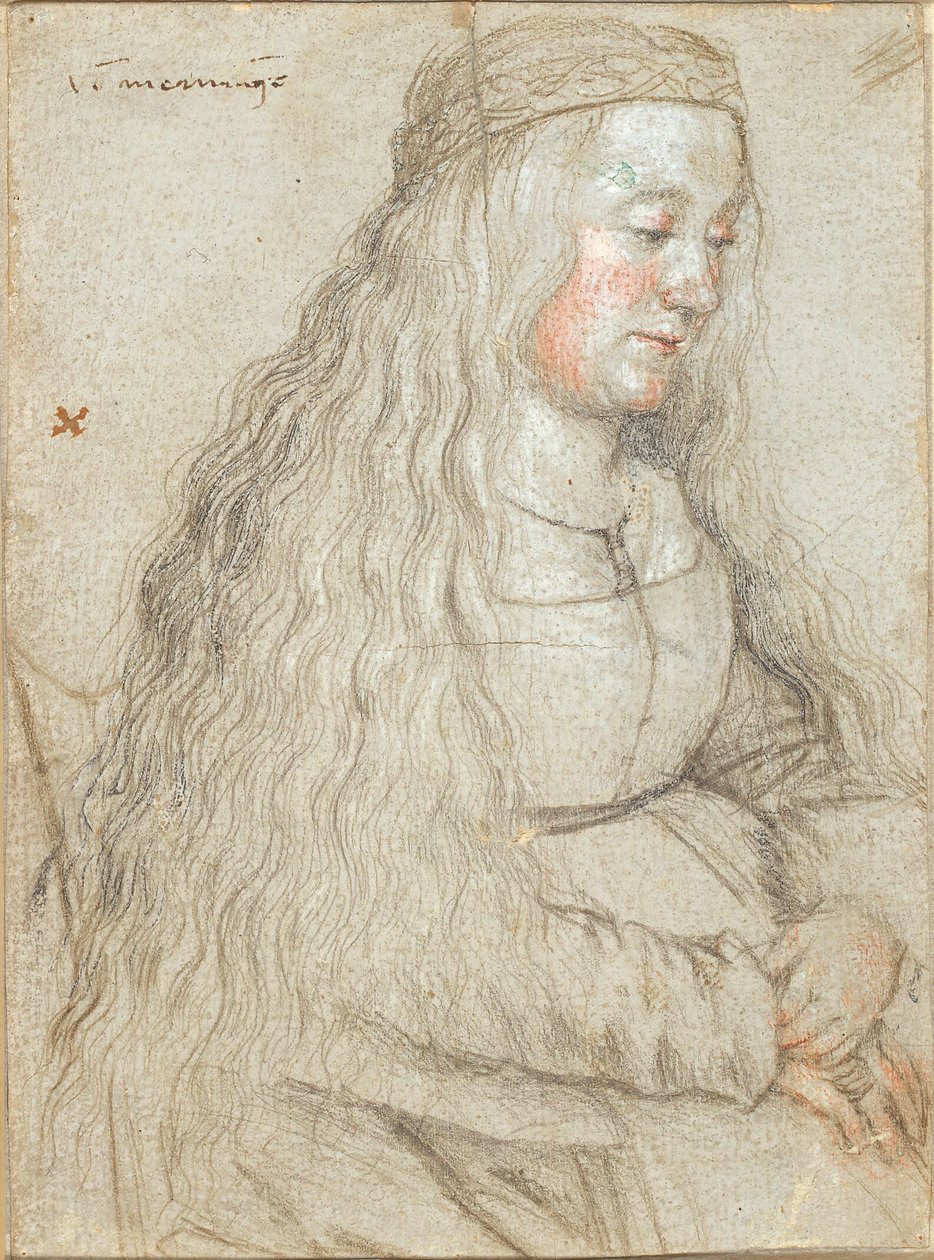 Novia sentada con cabello suelto y cinta en la cabeza de Hans Holbein d.Æ.