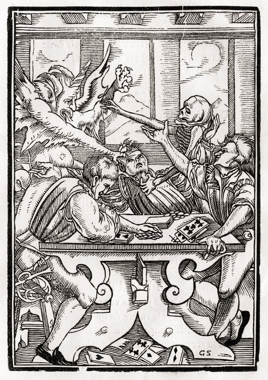 La muerte y el diablo vienen por el jugador de cartas, grabado por Georg Scharffenberg, de 