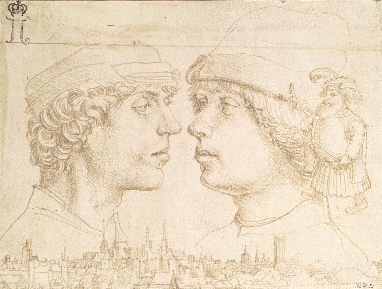 Retratos de dos jóvenes, un enano y un paisaje urbano, c.1514 de Hans Holbein der Jüngere