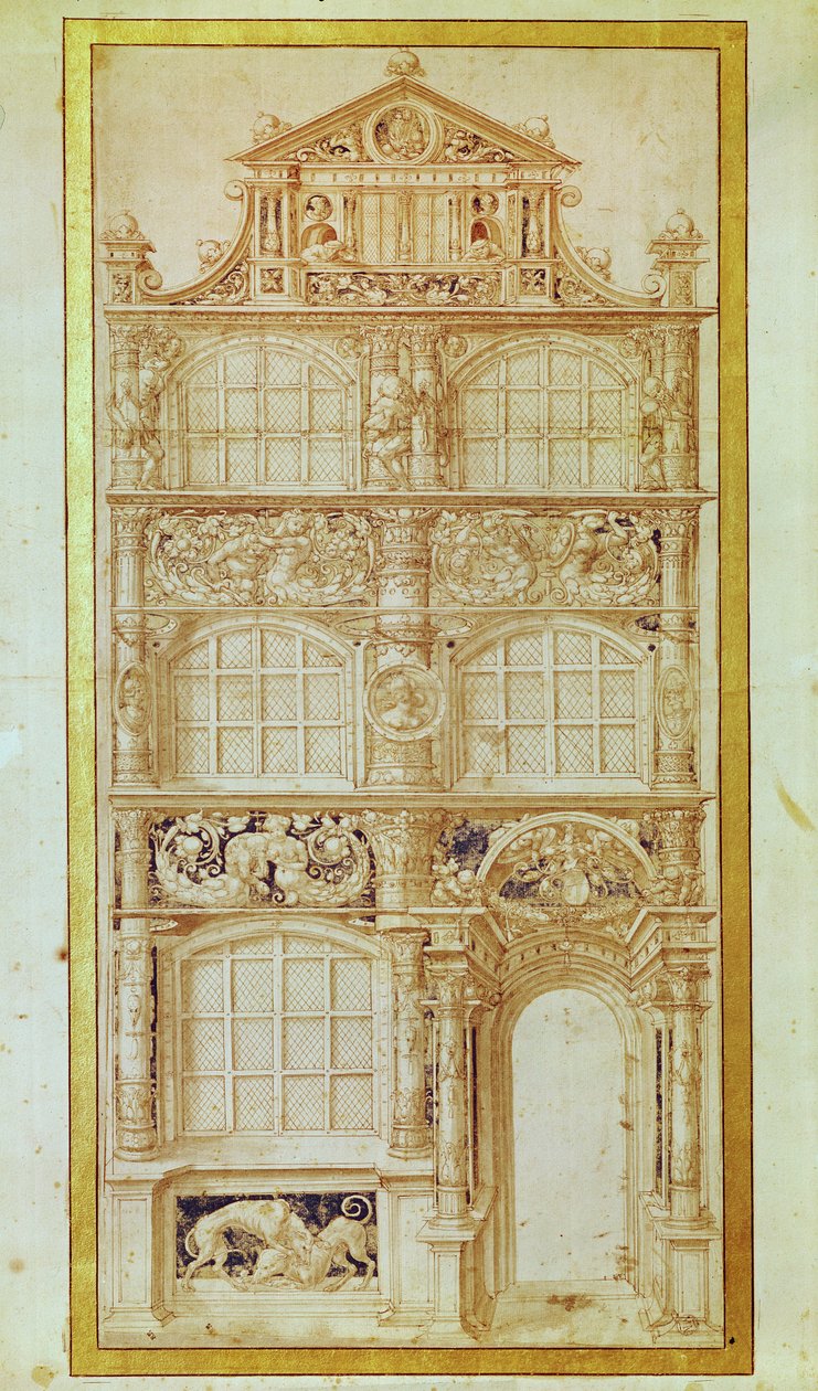 Propuesta para la fachada de una casa de tres pisos y un frontón de Hans Holbein der Jüngere