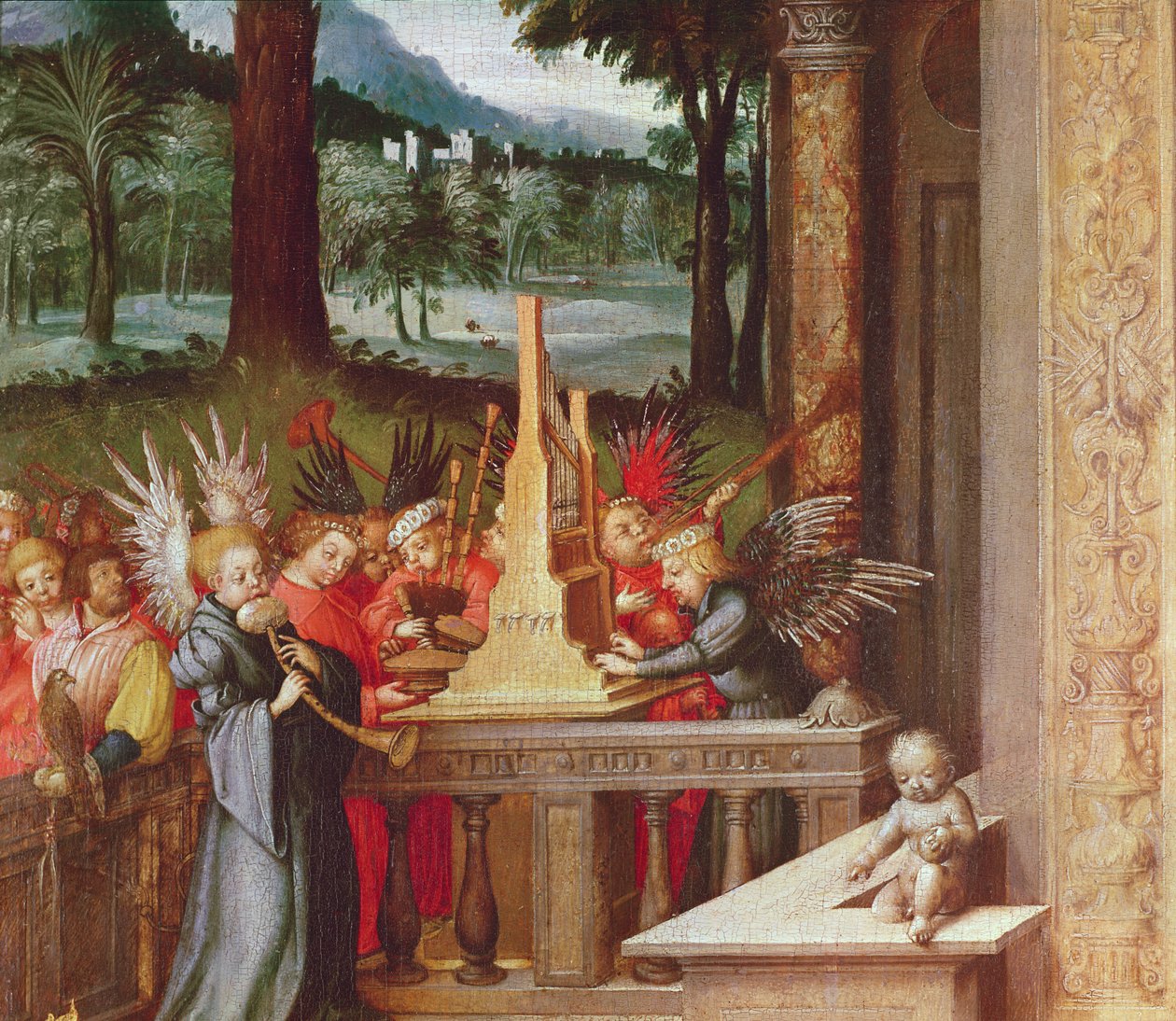 Virgen, Niño y Santos (detalle de ángeles tocando el órgano) de Hans Holbein the Elder
