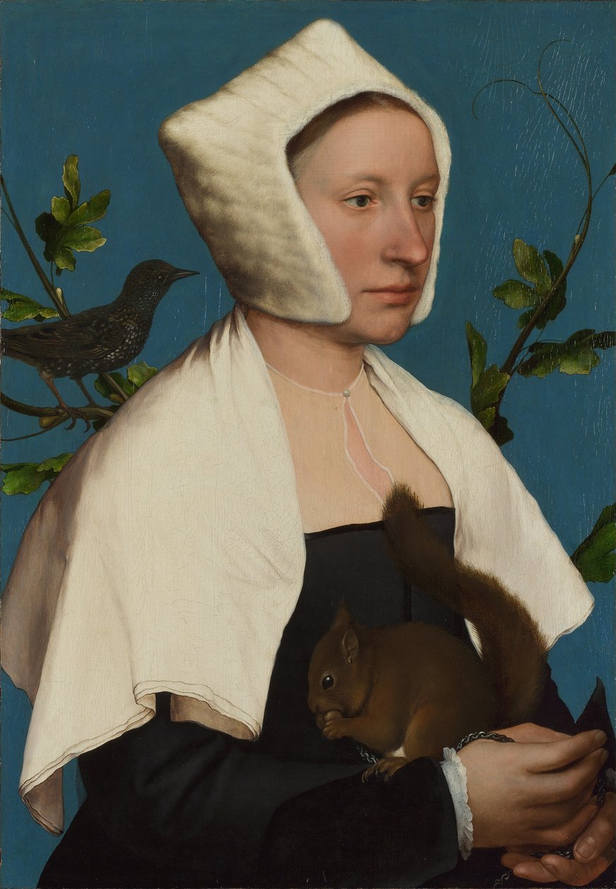 Una dama con una ardilla y un estornino (¿Anne Lovell)  de Hans Holbein the Younger