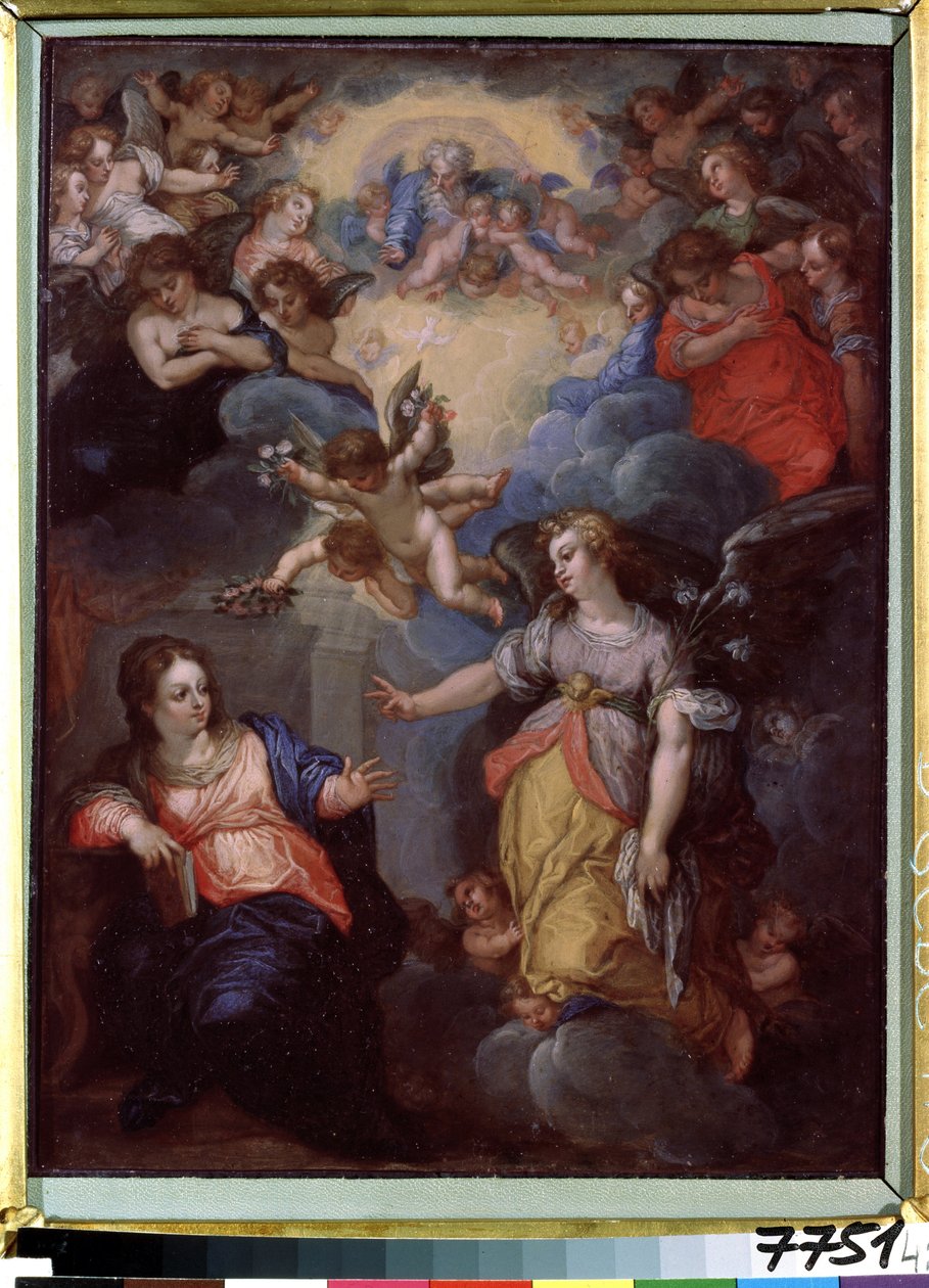 La Anunciación. Pintura de Hans Rottenhammer Ingle (1564-1625). Óleo sobre cobre, 37 x 21 cm. Arte alemán, Manierismo. Museo Estatal de Arte Extranjero de la República de Letonia, Riga (Letonia). de Hans I or Johann Rottenhammer