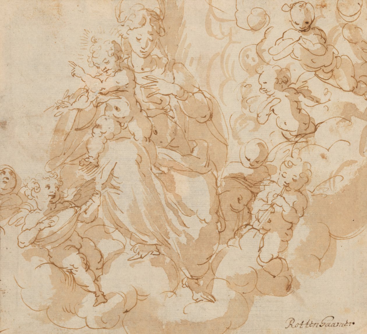 Anverso: La Virgen y el Niño sentados sobre nubes, rodeados de putti de Hans I or Johann Rottenhammer