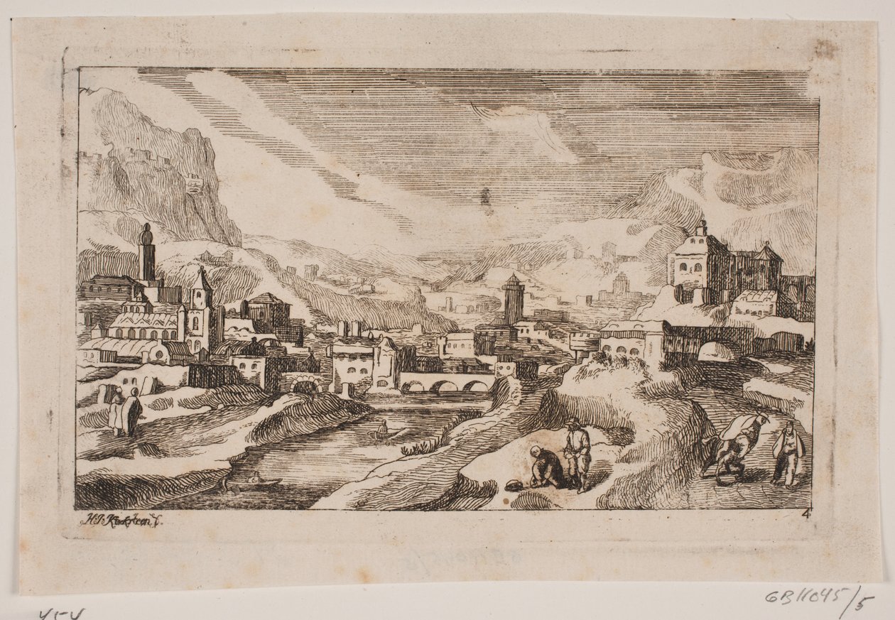 Paisaje montañoso con el buen samaritano en primer plano de Hans Jørgen Kirksteen