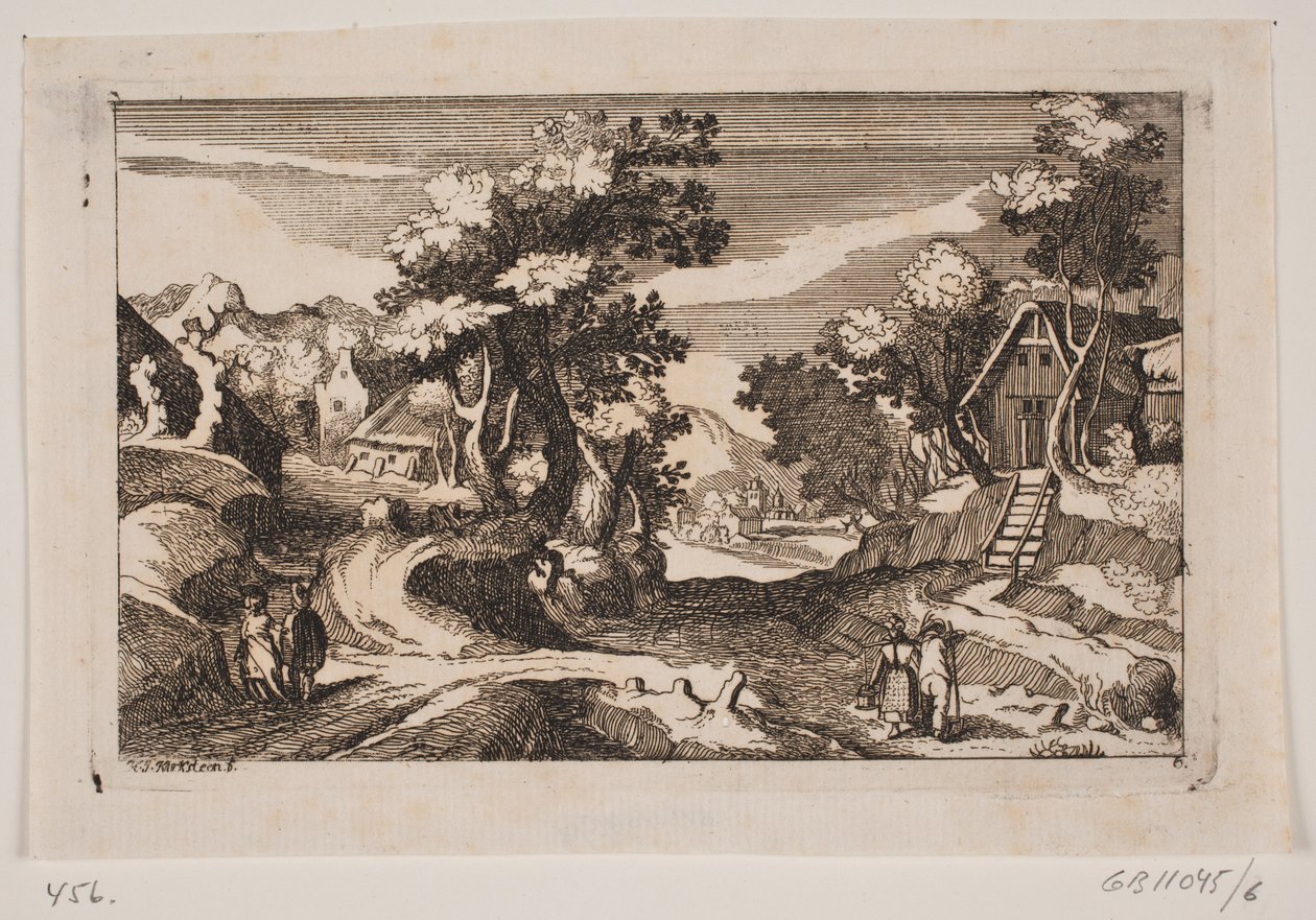 Paisaje ondulado con casas de campesinos. En primer plano una lechera y un campesino con una horca de Hans Jørgen Kirksteen