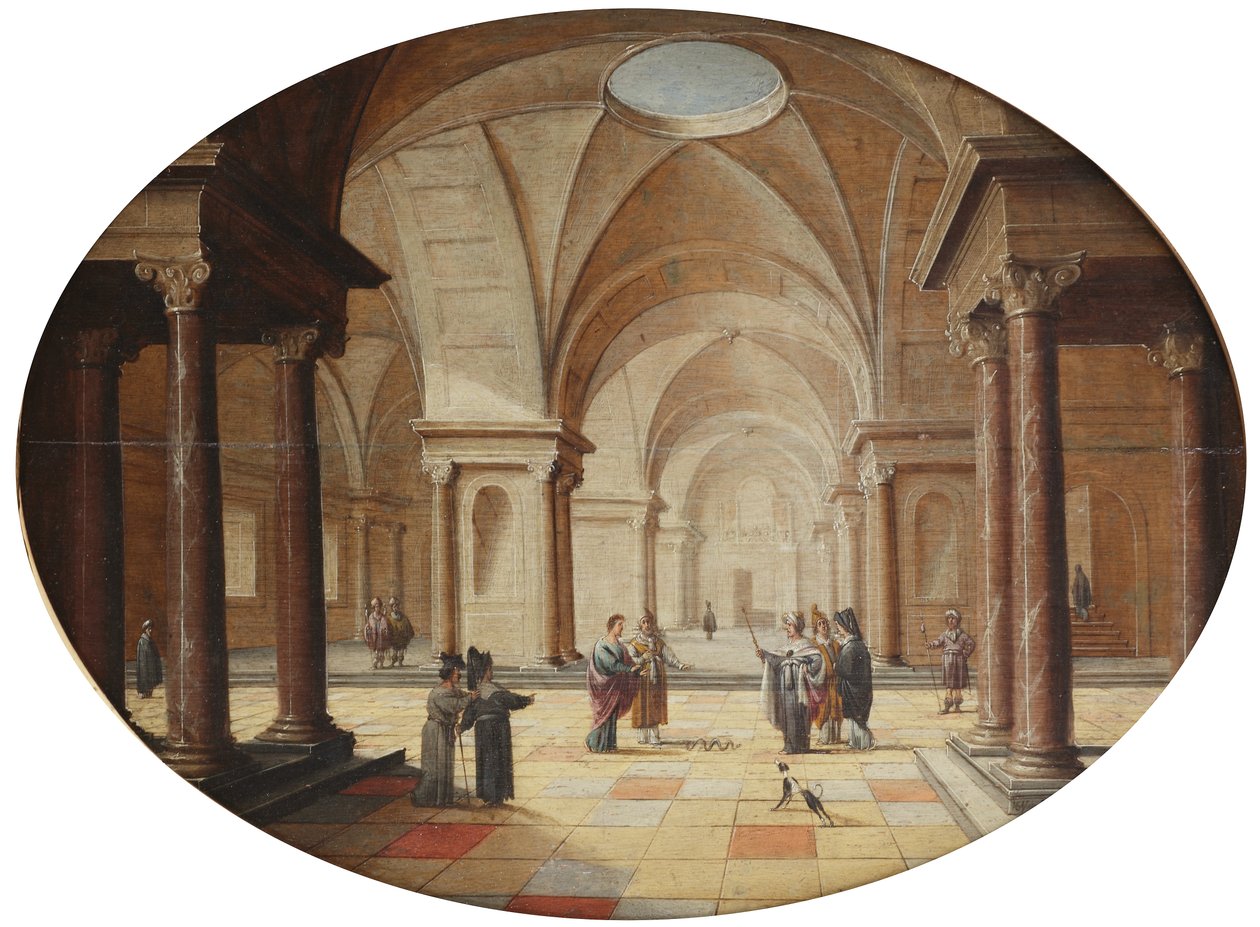 Interior de un palacio clásico con Moisés transformando el cetro del faraón en una serpiente (óleo sobre tabla) de Hans Juriaensz. van Baden