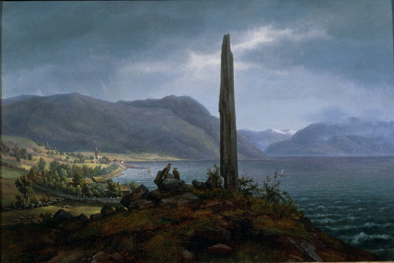 La piedra conmemorativa de Frithjof en Leikanger por Balestrand en Soon (óleo sobre lienzo) de Hans Leganger Reusch