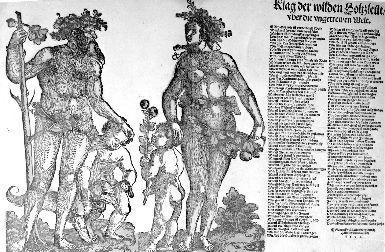 Hoja volante sobre la retirada de los hombres salvajes de los bosques de un mundo que ha cambiado para peor, xilografía hecha por Hans Guldenmundt, 1545 de Hans Leonard Schaufelein