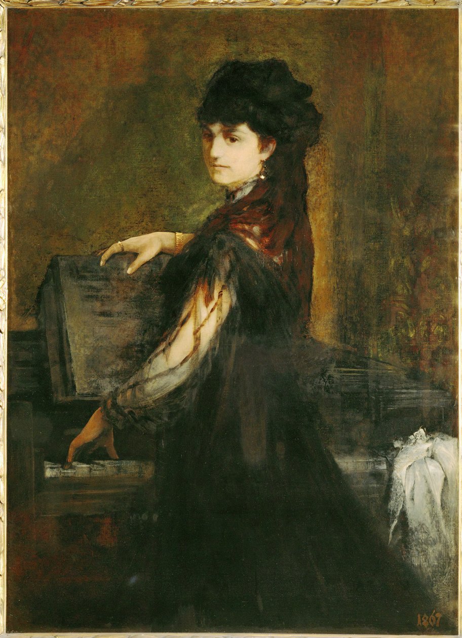 Amalie Makart, de soltera Rothmayr, primera esposa del artista, al piano ... (pintura sobre lienzo) de Hans Makart