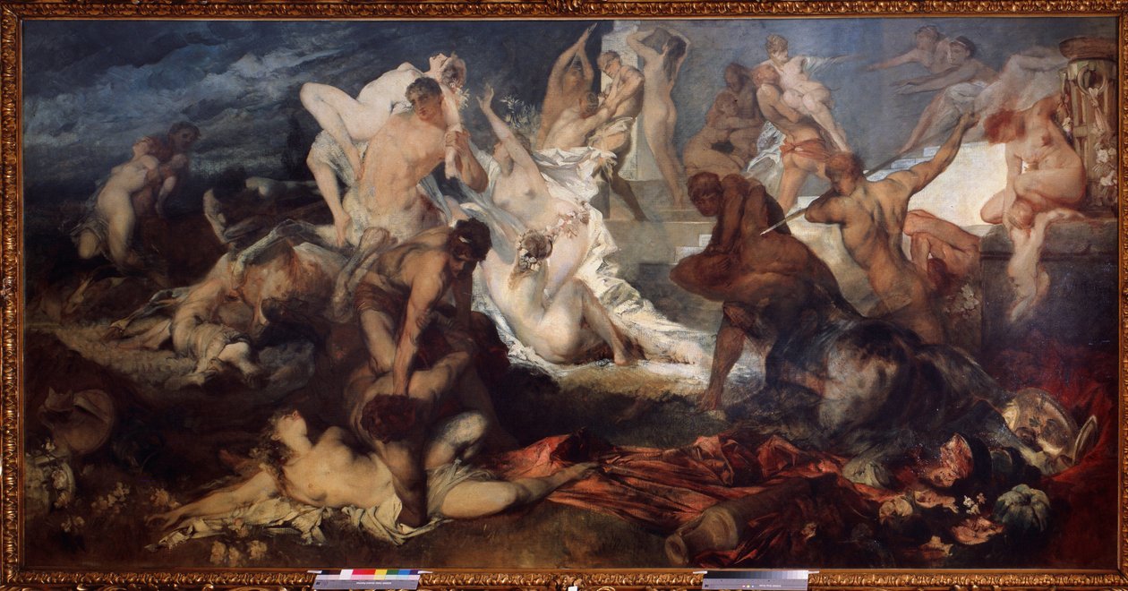 Batalla de Centauros y Lapitíes. En la mitología griega, los lapitanos masacraron a los centauros. Pintura de Hans Makart (1840-1884). Óleo sobre lienzo. Arte austriaco, periodo art nouveau. Museo Estatal de F de Hans Makart