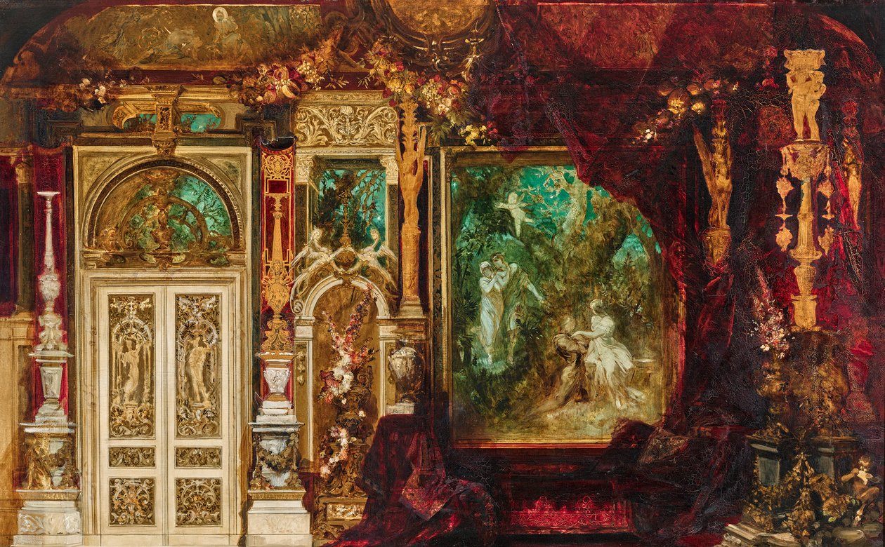 Diseño de decoración para el dormitorio de la emperatriz Elisabeth en Hermesvilla (escena intermedia: Sueño de una noche de verano) de Hans Makart