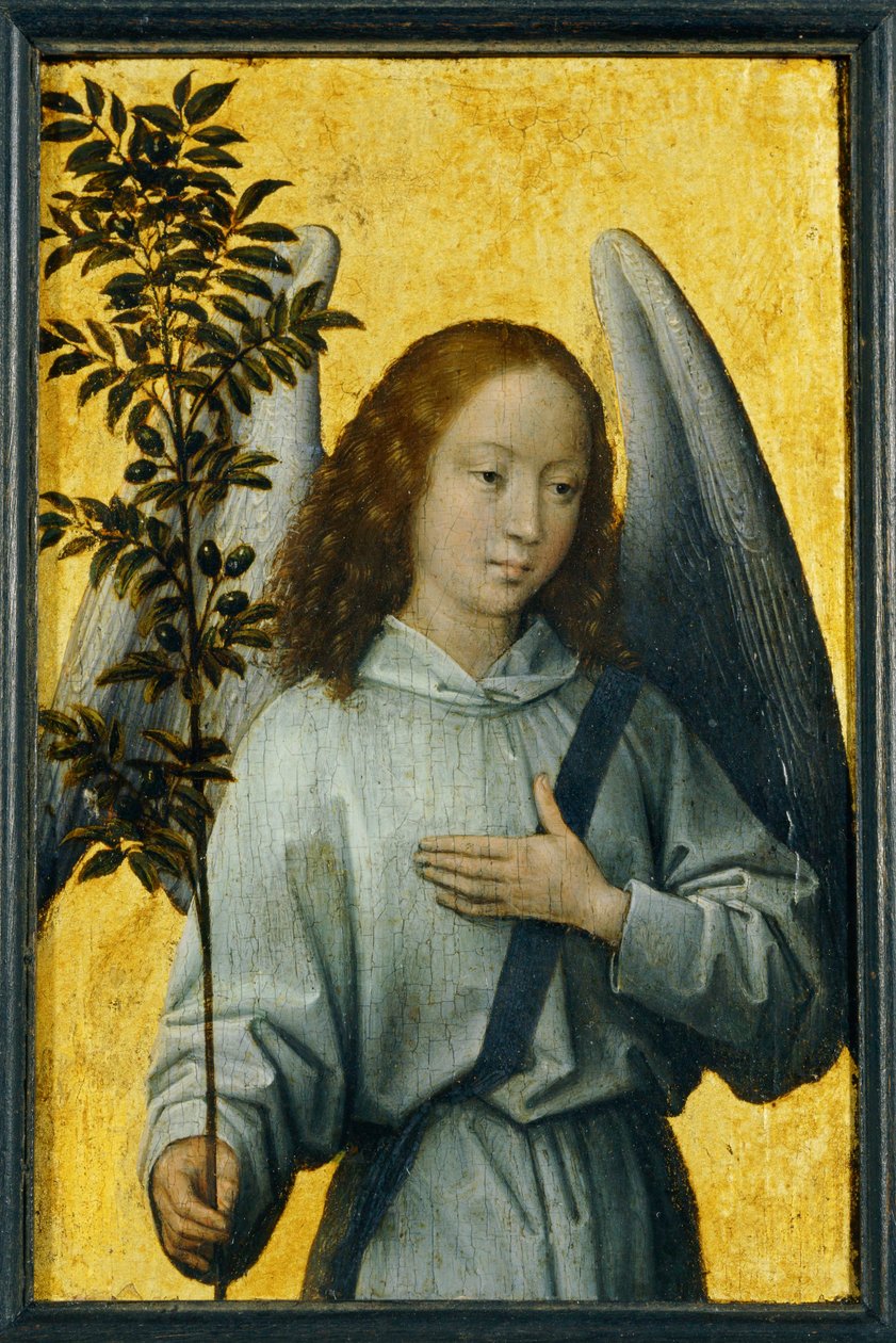 Ángel sosteniendo una rama de olivo, emblema de la Paz Divina ... de Hans Memling
