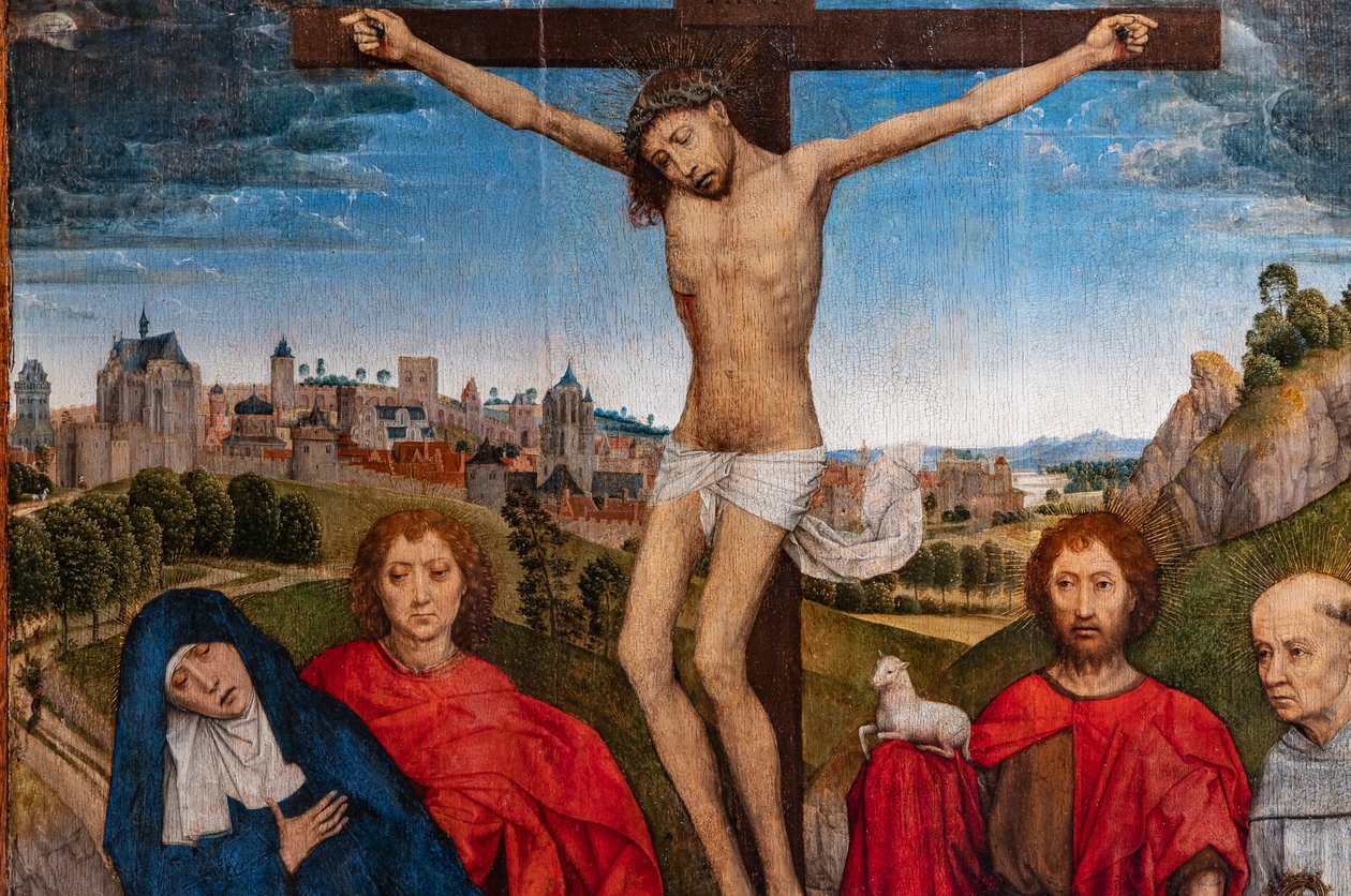 Cristo crucificado con la Virgen, San Juan Bautista y el Evangelista, María Magdalena y dos abades cistercienses, detalle de Hans Memling