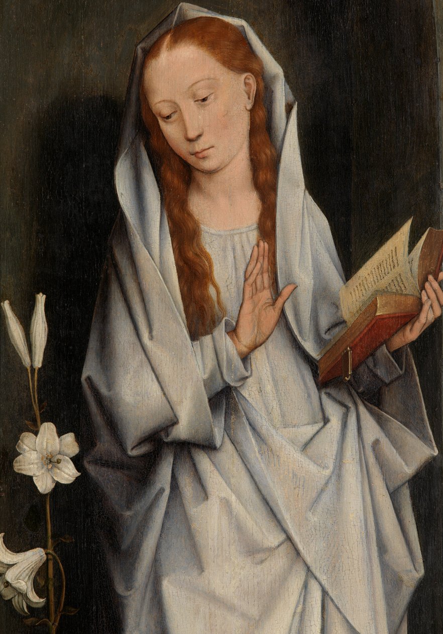 Detalle de la Virgen, del reverso de un par de alas que muestran la Anunciación (óleo sobre tabla) de Hans Memling