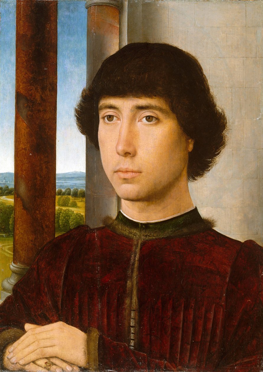 Retrato de un hombre en una logia de Hans Memling