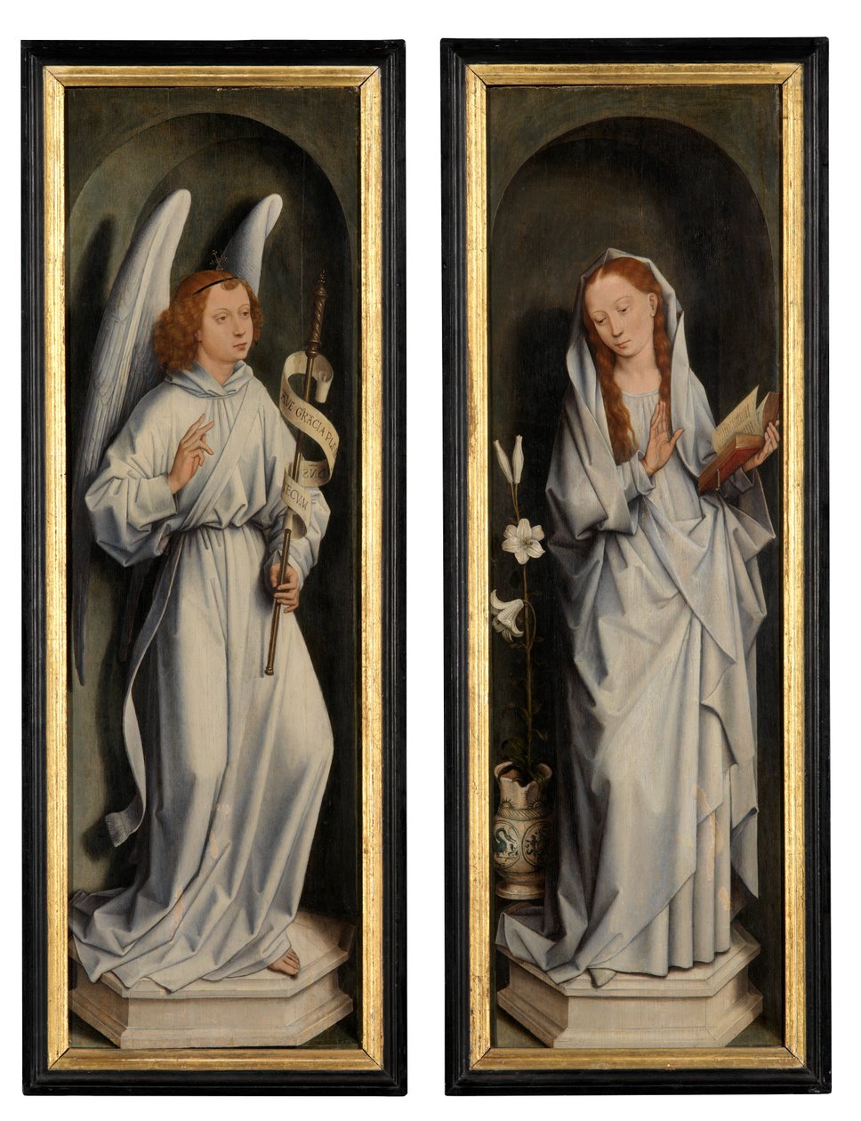 Reverso de un par de alas mostrando la Anunciación (óleo sobre tabla) de Hans Memling