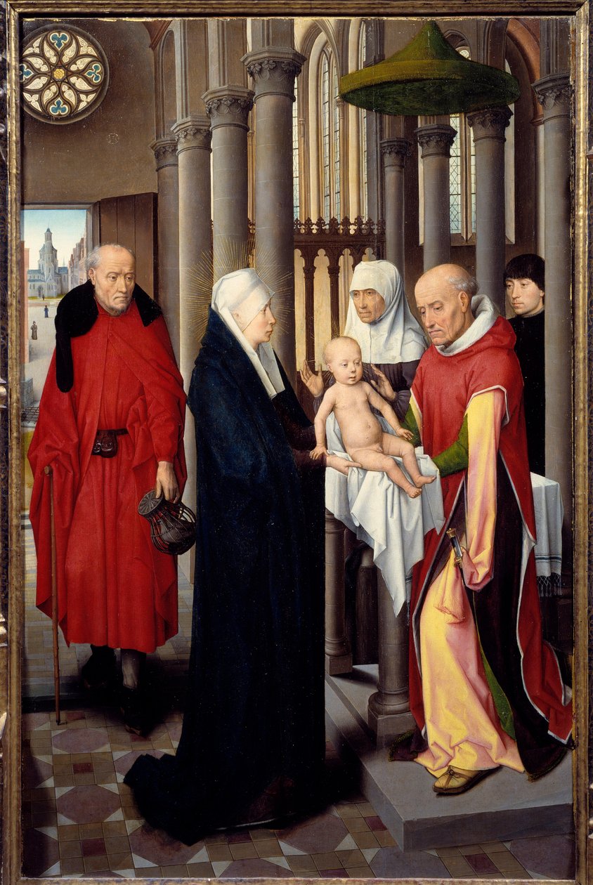 Tríptico de la Adoración de los Magos. (detalle) del panel derecho: Presentación en el Templo. Temple sobre madera de Hans Memling, alrededor de 1470. Madrid, Museo del Prado de Hans Memling