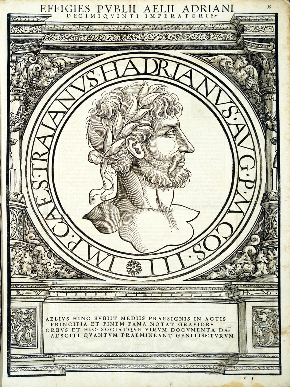 Aelio Adriano, ilustración de Imperatorum romanorum omnium orientalium et occidentalium verissimae imagines ex antiquis numismatis de Hans Rudolf Manuel Deutsch
