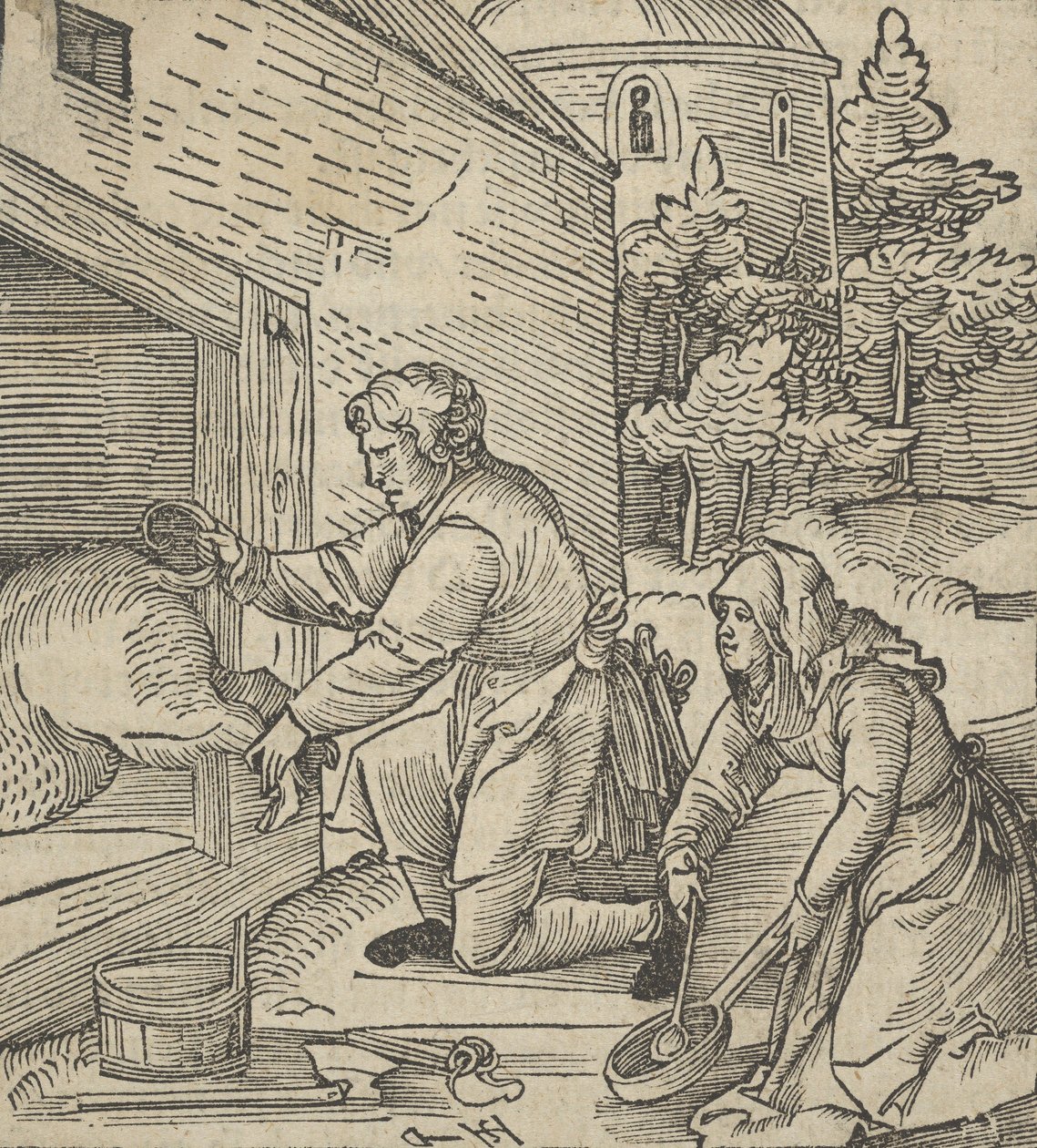 Un granjero sacrificando un cerdo, de Hymmelwagen auff dem, wer wol lebt, 1517 de Hans Schäufelein the Elder