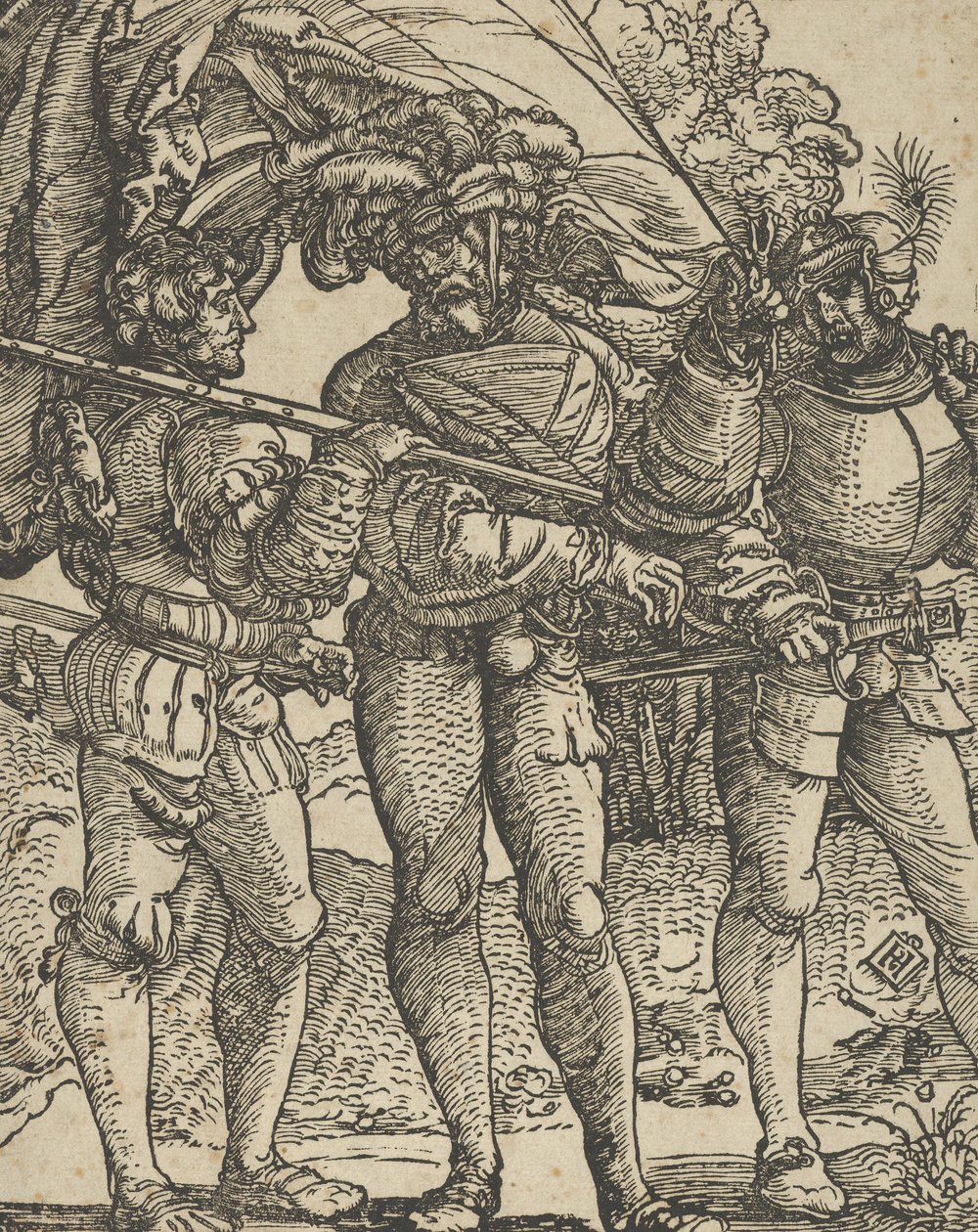 Un abanderado flanqueado por un lansquenete a cada lado de Hans Schäufelein the Elder