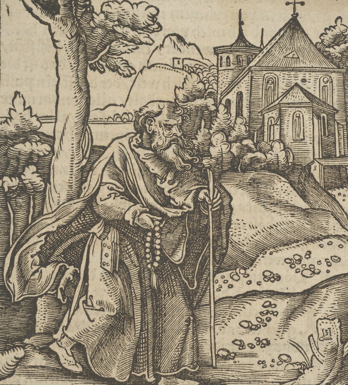 Un viejo peregrino caminando hacia la derecha, de Hymmelwagen auff dem, wer wol lebt..., 1517 de Hans Schäufelein the Elder