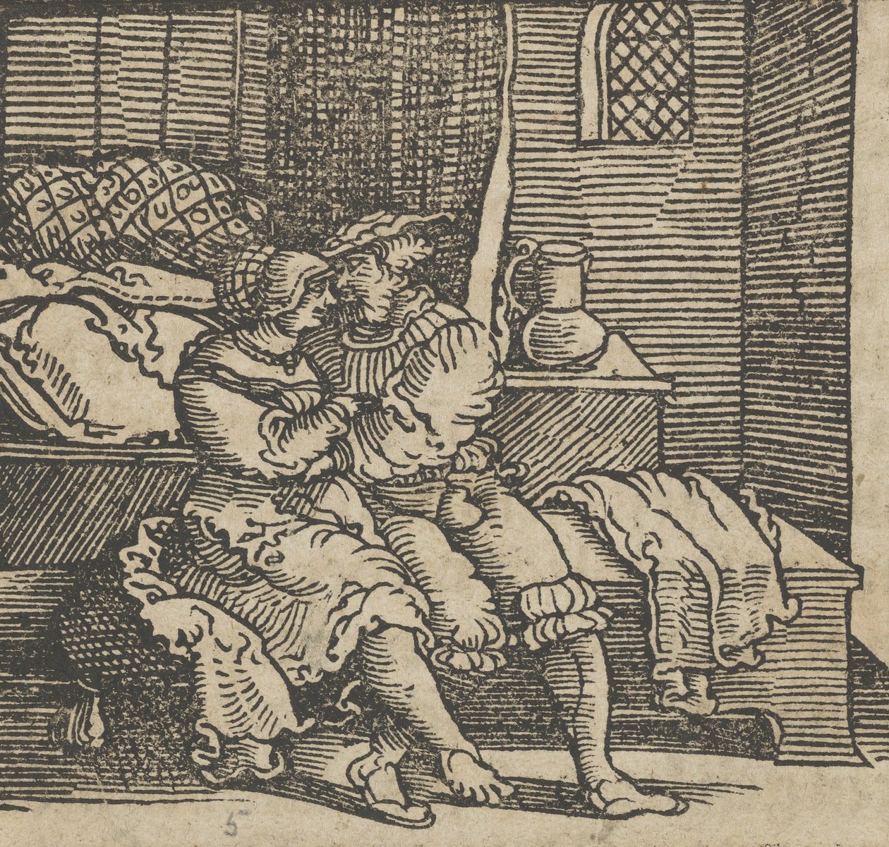 Spinneloccio encerrado en un cofre, sobre el cual están sentados su esposa y Zeppa, antes de 1534 de Hans Schäufelein the Elder