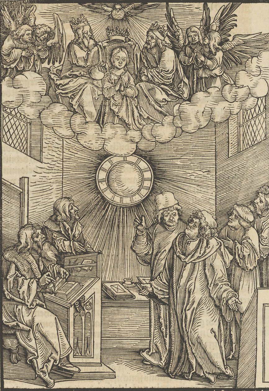 El autor escribiendo el Layenspiegel, La Trinidad y la Virgen en el centro superior, de 1511 de Hans Schäufelein the Elder