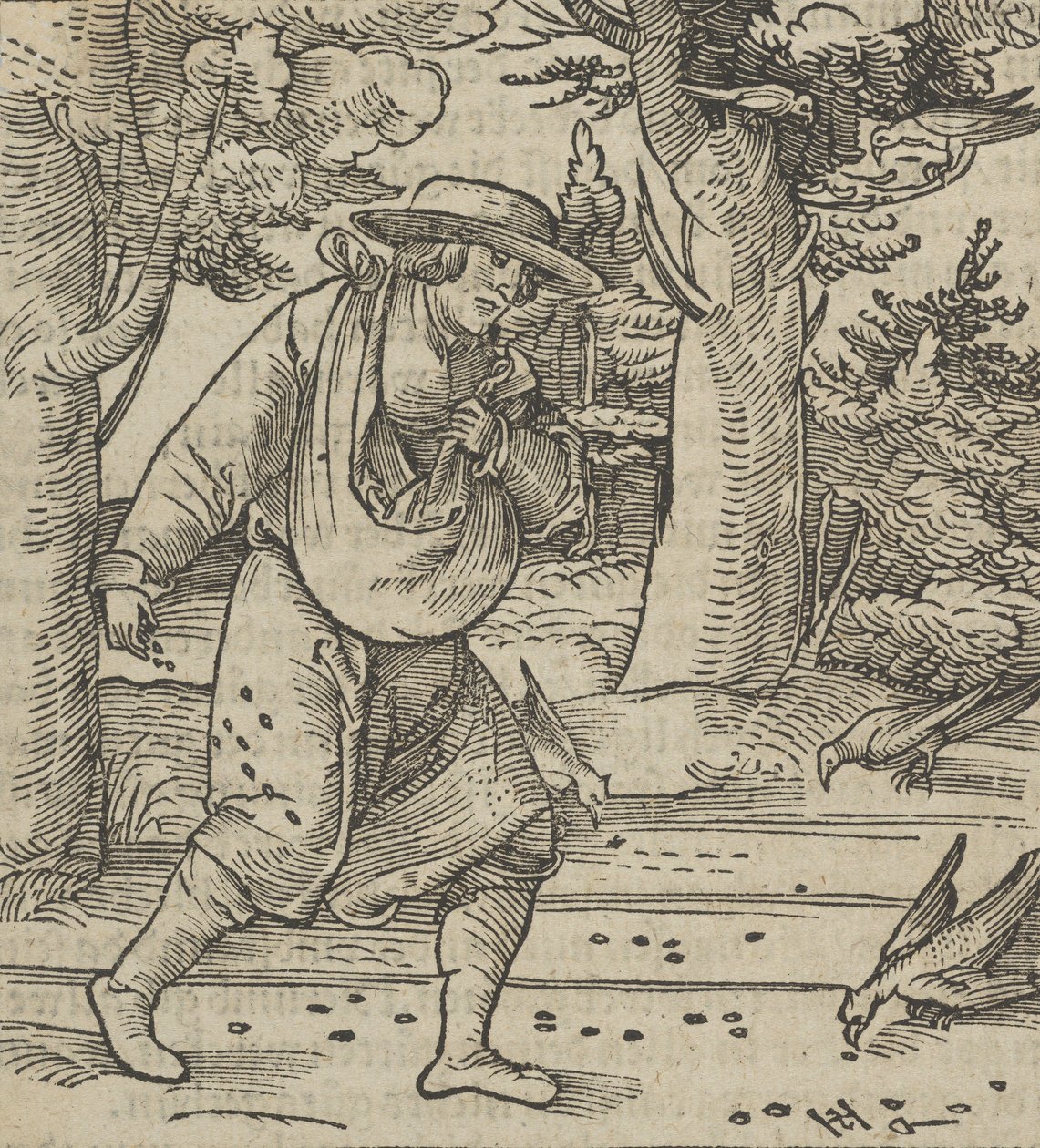 Los pájaros comiendo las semillas del sembrador, de Hymmelwagen auff dem, wer wol lebt..., 1517 de Hans Schäufelein the Elder