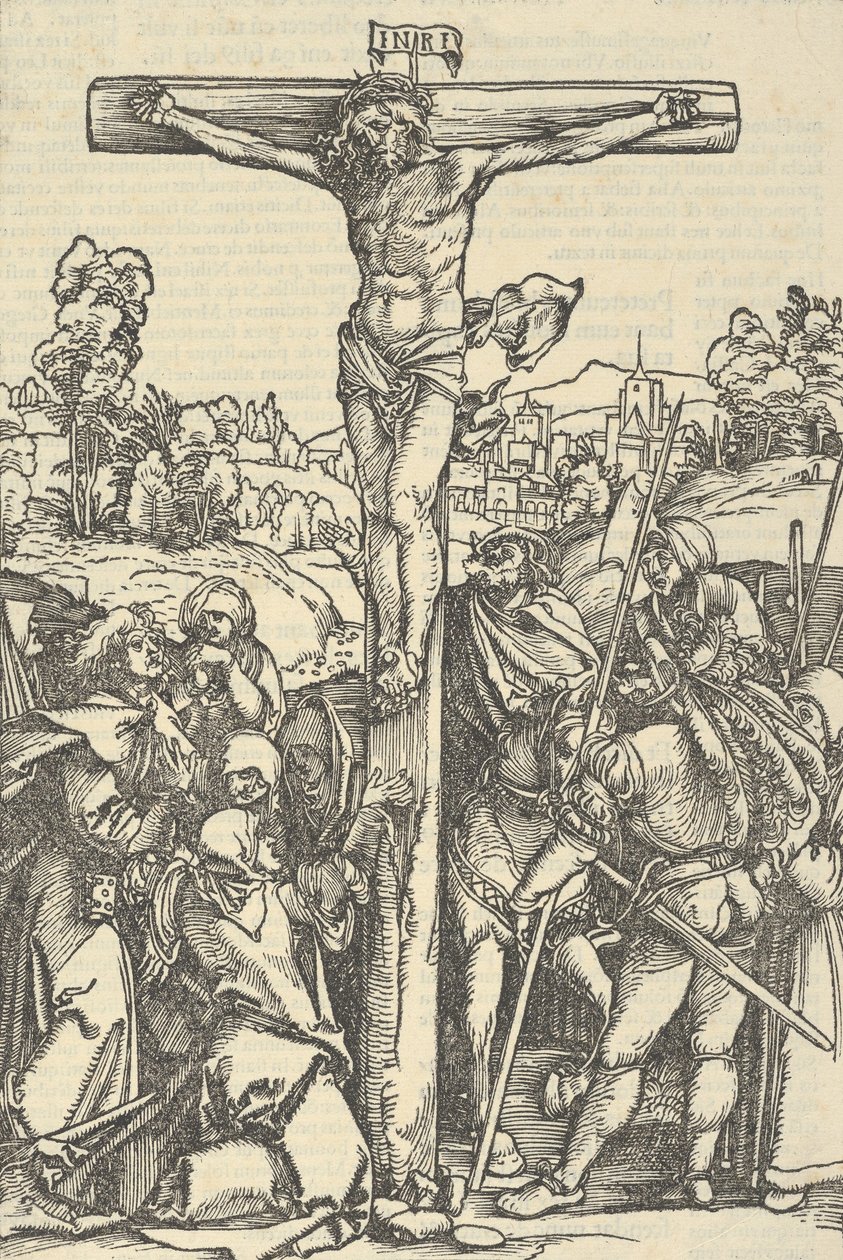 La crucifixión, de Der beschlossen gart des rosenkranzes marie, 1505 de Hans Schäufelein the Elder
