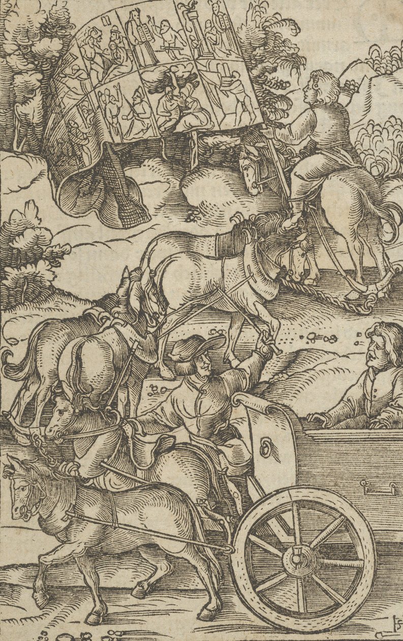 El hombre virtuoso en un carro en su camino al cielo, de Hymmelwagen auff dem, wer wol leb... de Hans Schäufelein the Elder