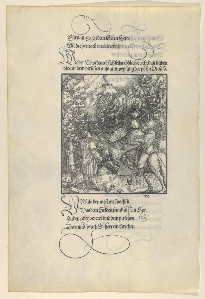 Unfalo haciendo que Theuerdanck caiga en una trampa durante una cacería, de Theuerdanck, 1517 de Hans Schäufelein the Elder