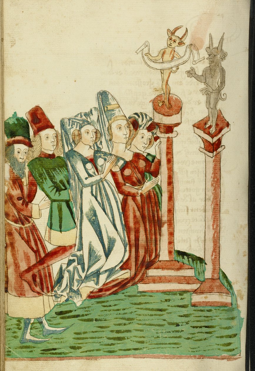 Un grupo de hombres y mujeres adoran dos ídolos, 1469 de Hans Schilling