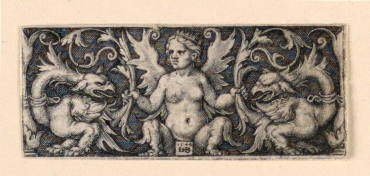 Friso con figura femenina alada y dos gallos grotescos de Hans Sebald Beham