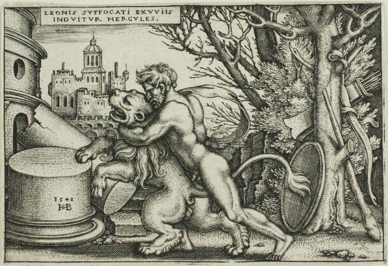 Hércules y el león de Nemea, de Los trabajos de Hércules de Hans Sebald Beham