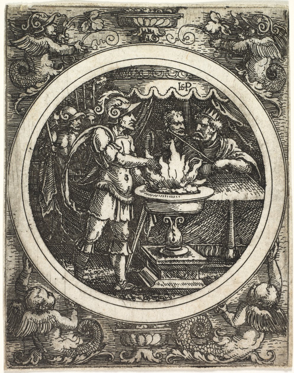 Mucius Scaevola sosteniendo su mano en el fuego de Hans Sebald Beham