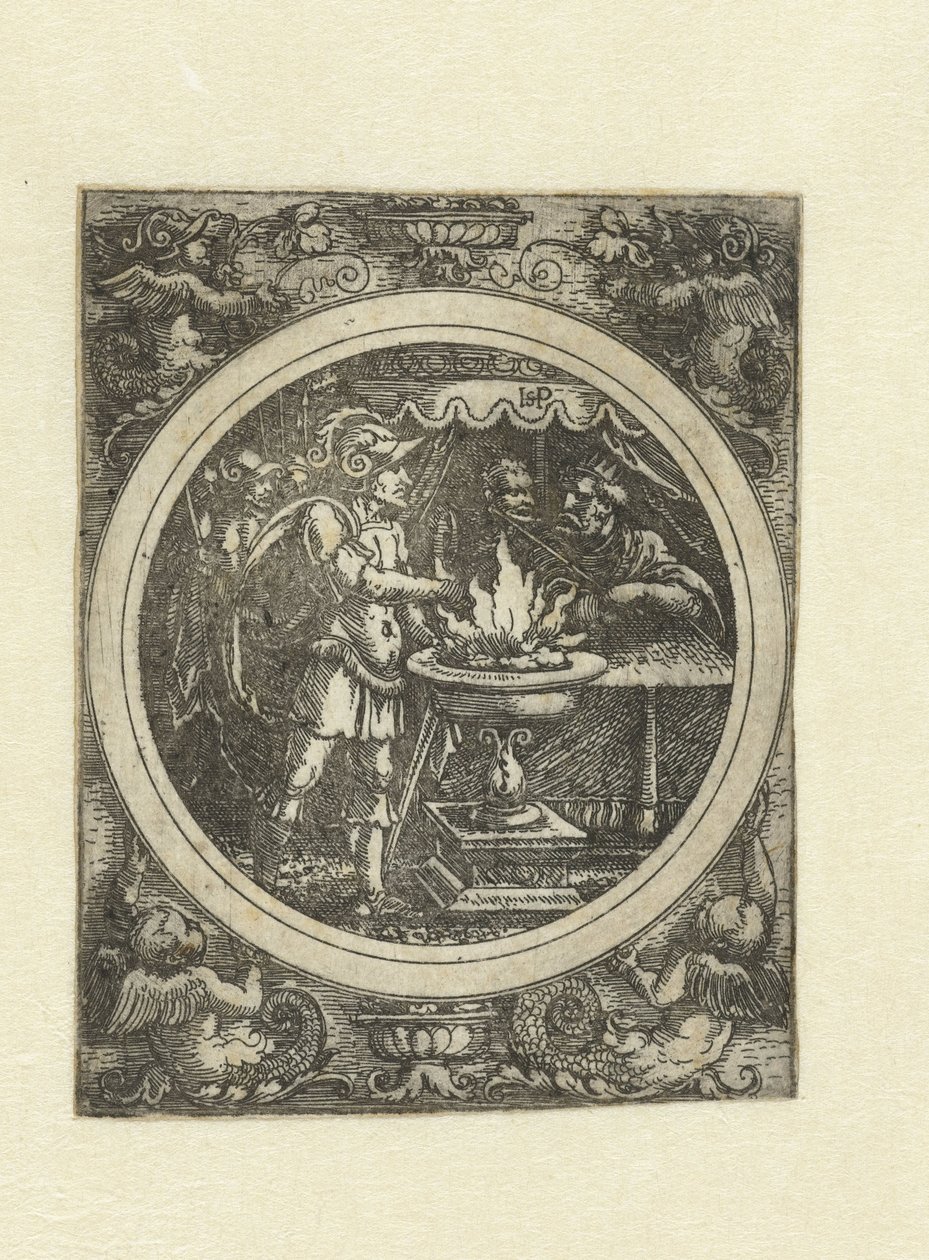 Mucius Scaevola con su mano derecha en el fuego de Hans Sebald Beham