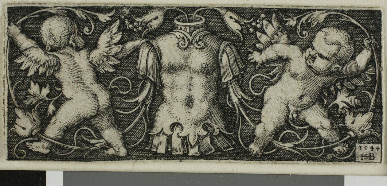 Ornamento con armadura y dos genios, de Cuatro viñetas de Hans Sebald Beham