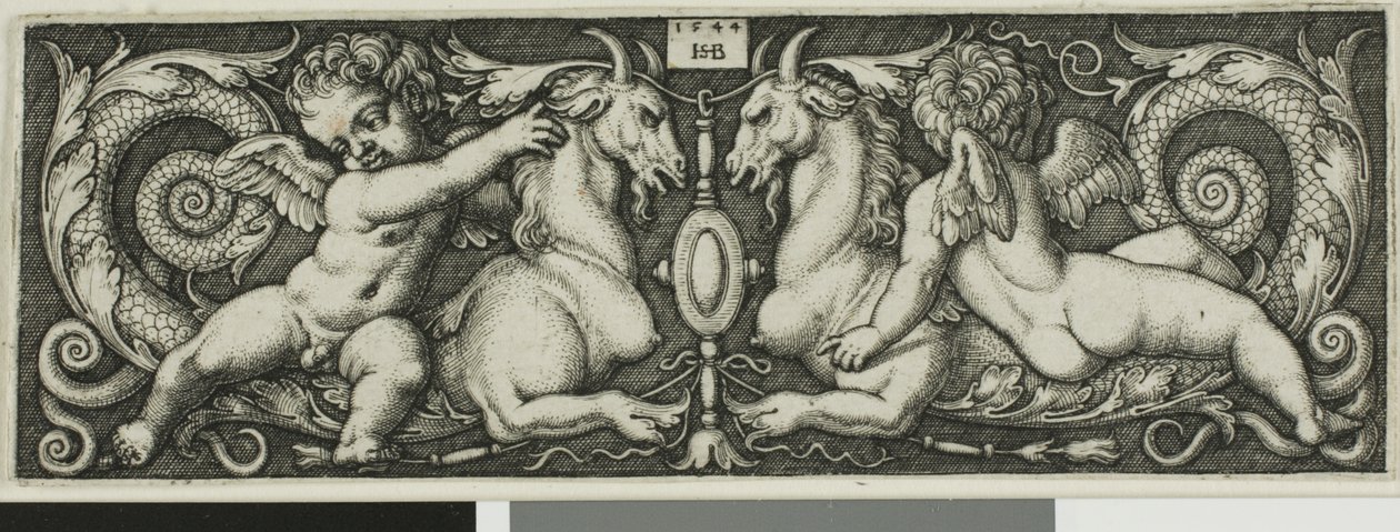 Ornamento con dos genios montando bestias quiméricas de Hans Sebald Beham