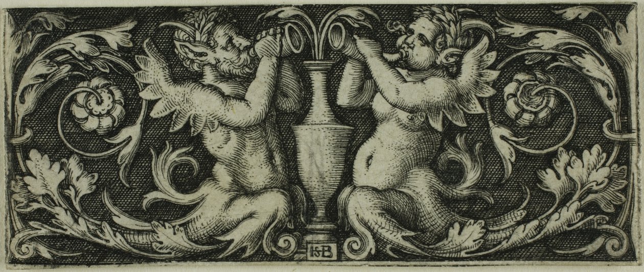 Ornamento con dos tritones, de Cuatro viñetas de Hans Sebald Beham