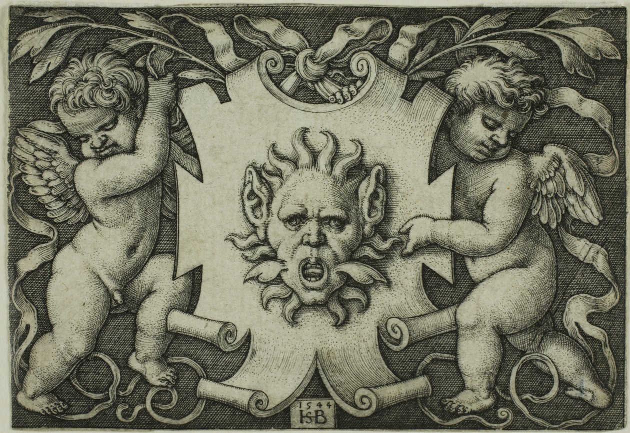 Ornamento con una máscara sostenida por dos genios de Hans Sebald Beham